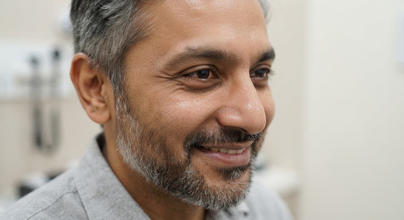 Male crow's feet softened with natural smile