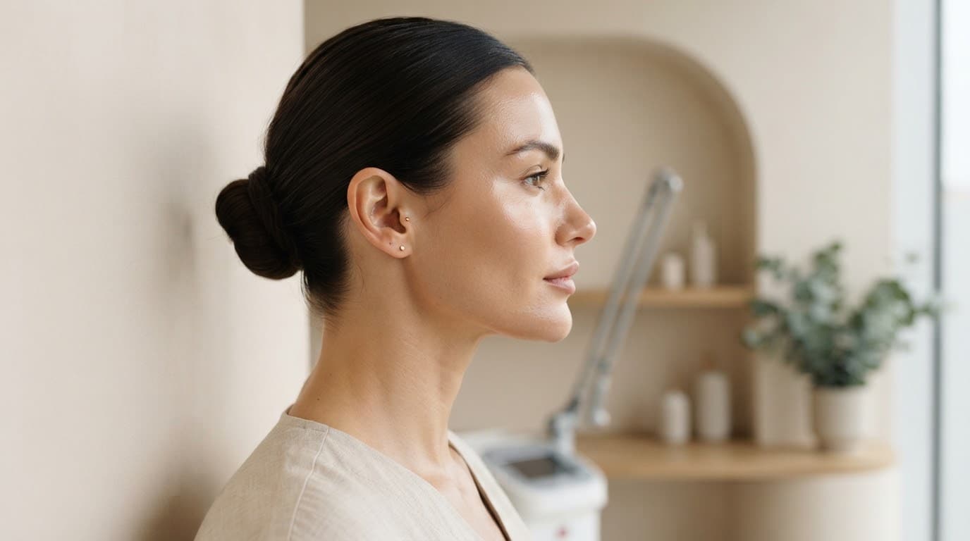 Clinical side profile showcasing contoured jawline and balanced chin projection
