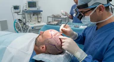 High-density Follicular Unit Extraction hair transplant procedure showing precise hairline mapping and follicular graft integration under sterile surgical theatre illumination.