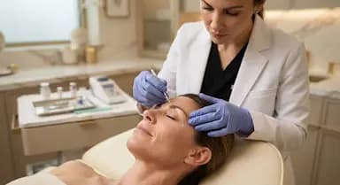 High-end dermatological procedure showing delicate placement of bio-absorbable polydioxanone PDO threads along the midface vector for skin tension lifting.