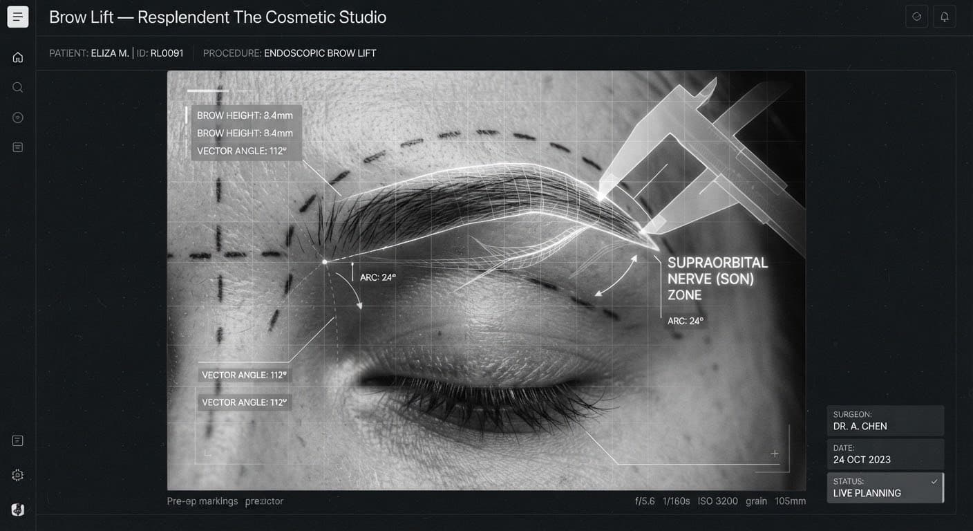 Brow surgical planning with vector markings and nerve safety boundaries